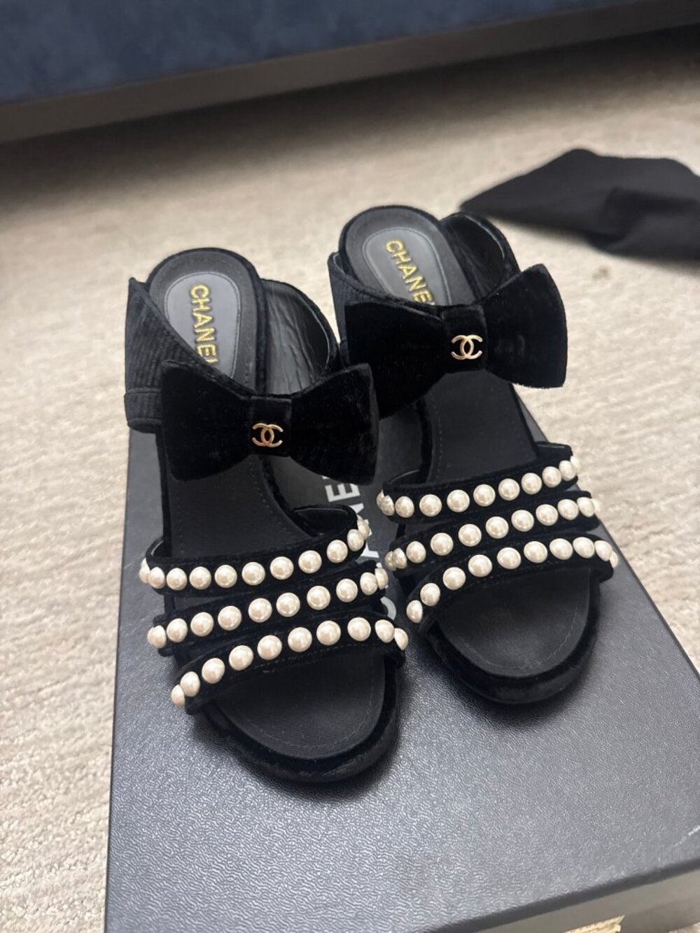 Chanel Black Velvet Pearl Bow Mules